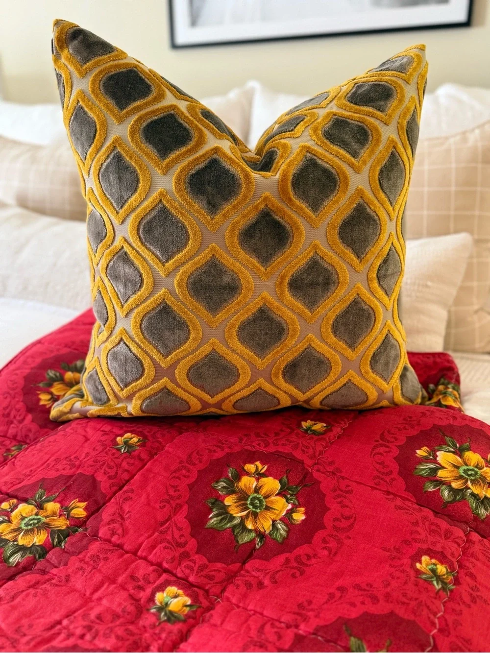 Designer Velvet Throw Pillow in Mustard and Grey